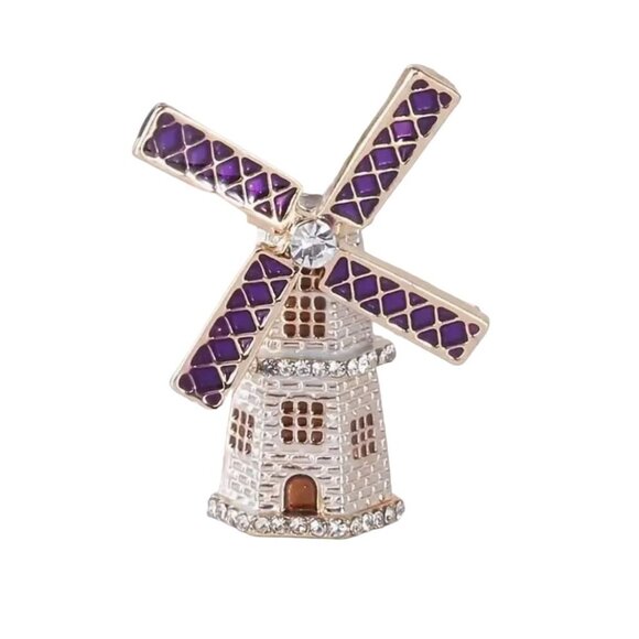 Enamel Windmill Brooch Pin With Rhinestones  Gold Tone - Picture 1 of 2